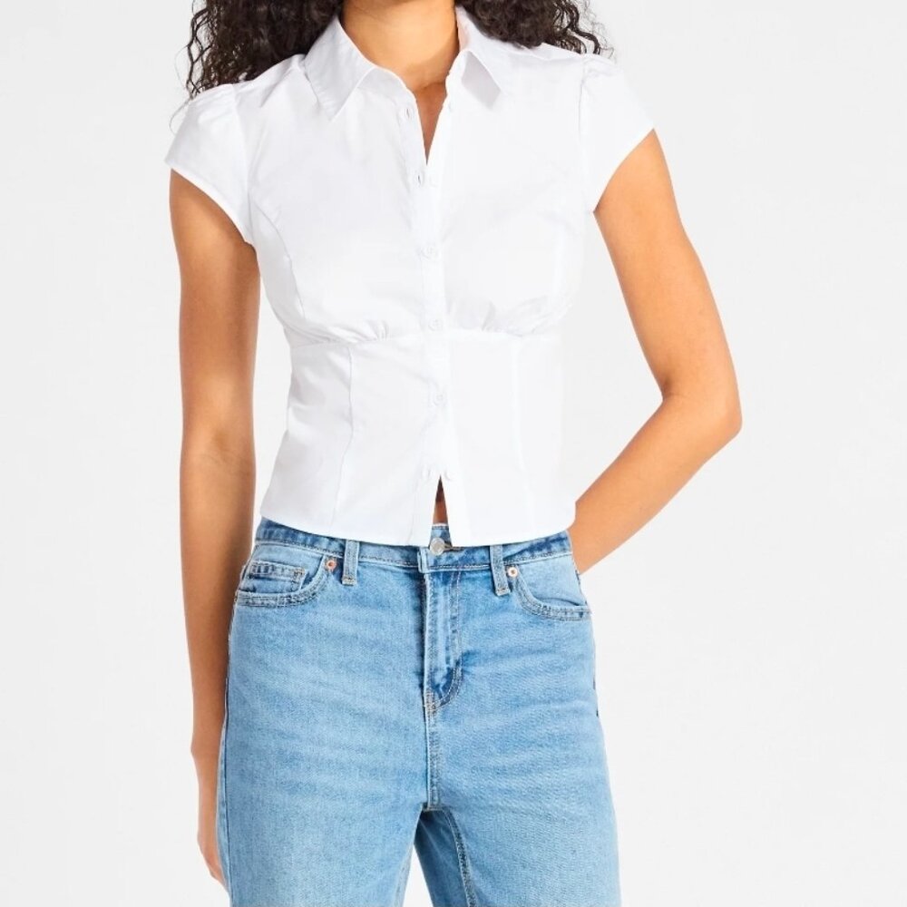 No Boundaries Women's Corset Collared Top with Cap Sleeves, White Button-Down